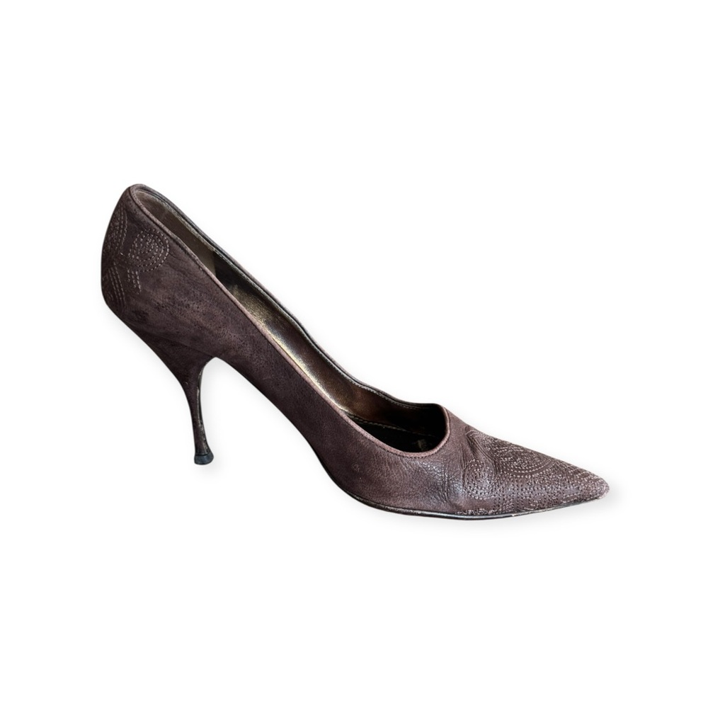 Prada brown leather embroidered heel VINTAGE style 90s early 2000s 36.5 US 6.5 - Picture 2 of 12